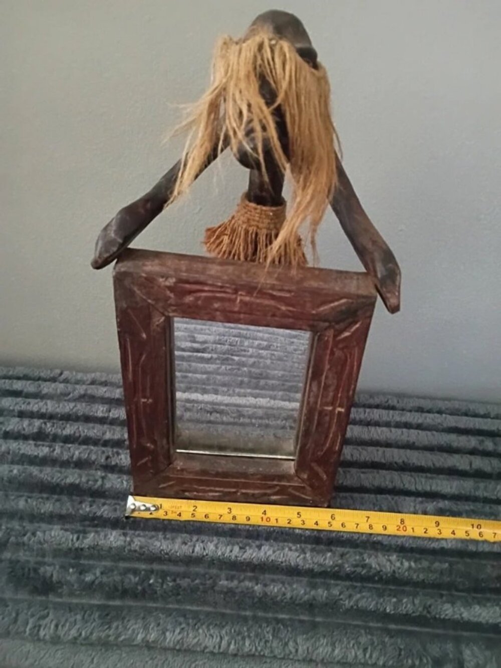 African Tribal-Style Figural Mirror with Raffia Hair